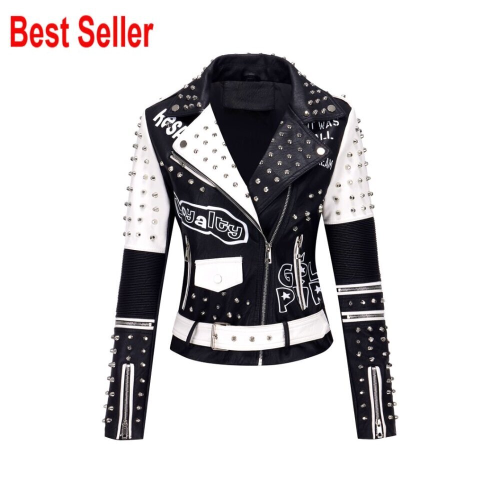 Faux Leather Moto Jacket Studded Rivet Floral Short Lapel Coat